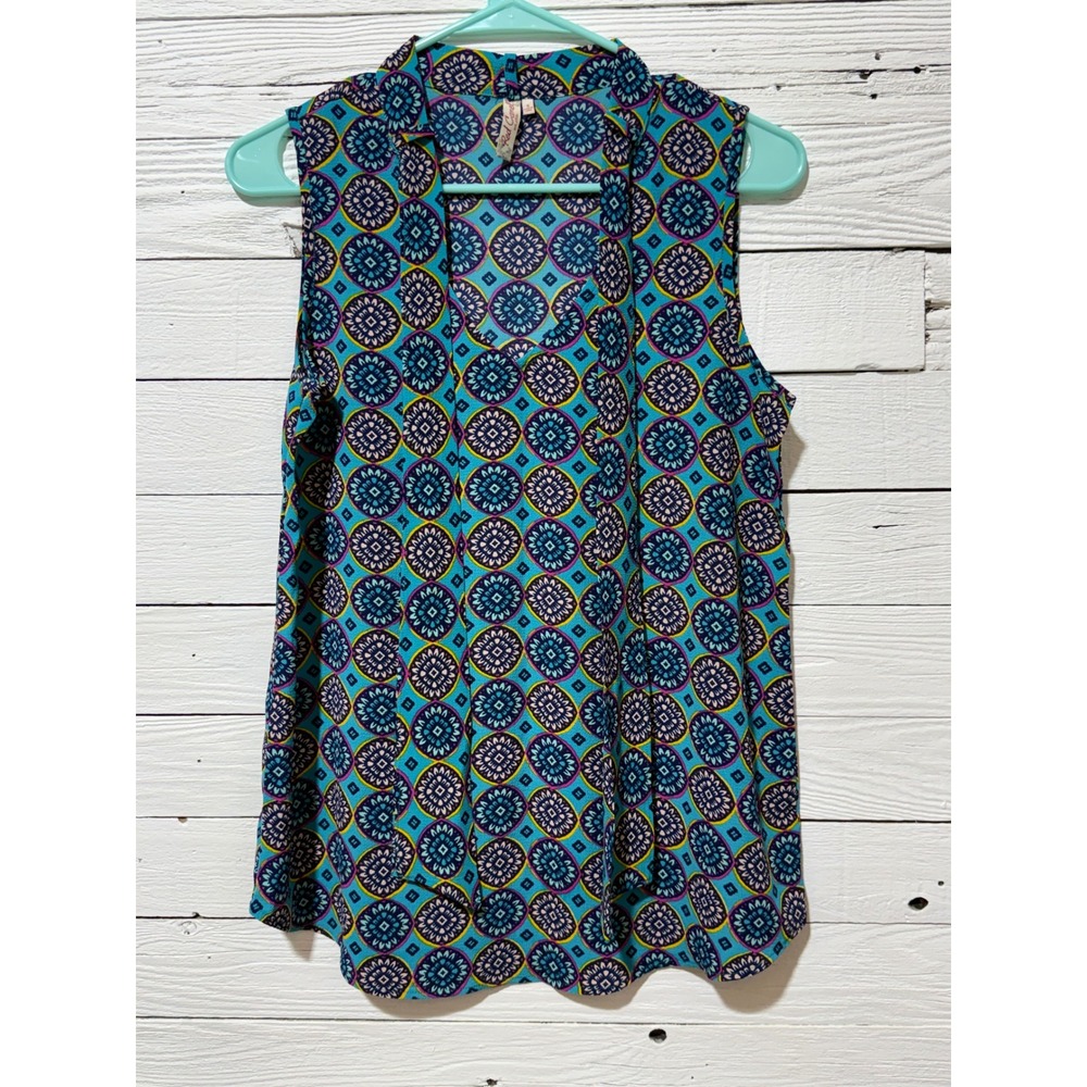 Red Camel Blouse Women Small Teal Excellent Medallion Print Sleeveless Shell